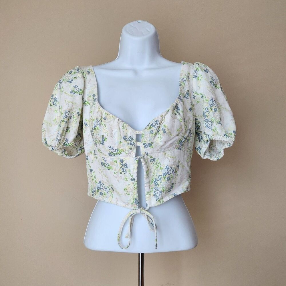 Forever 21 Floral Puff Sleeve Tie-Front Crop Top, Small